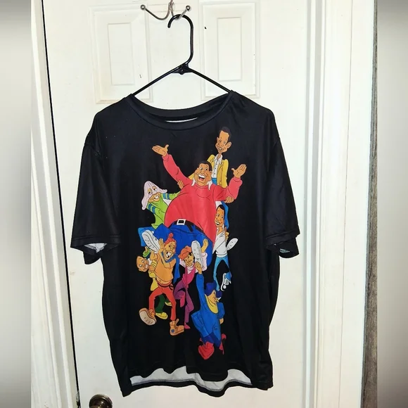 Black Graphic T-Shirt with Colorful Cartoon Characters - Picture 4 of 8